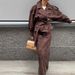 Women's Retro Suede Notch Collar Short Trench Coat & Midi Skirt Set - Autumn Casual Office Wear, Comfortable & Stylish (Brown, S/M/L)_voghion.com