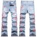 Men's Flared Jeans Retro 70s Style High Waist Wide Leg Denim Pants With Embroidered Plum Blossom Design - Light Blue_voghion.com