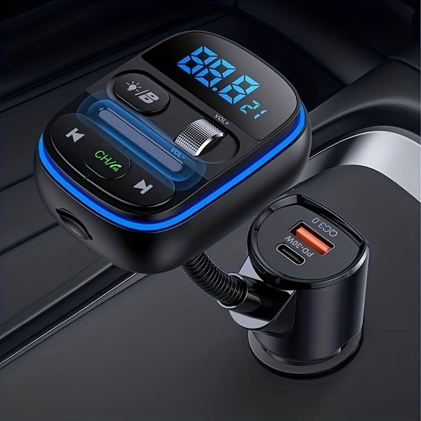 Wireless BT Adapter: 7 Color Backlit, 2 LED Display, QC3.0 Type-C USB Car Charger, FM Transmitter & AUX Radio Receiver,_voghion.com
