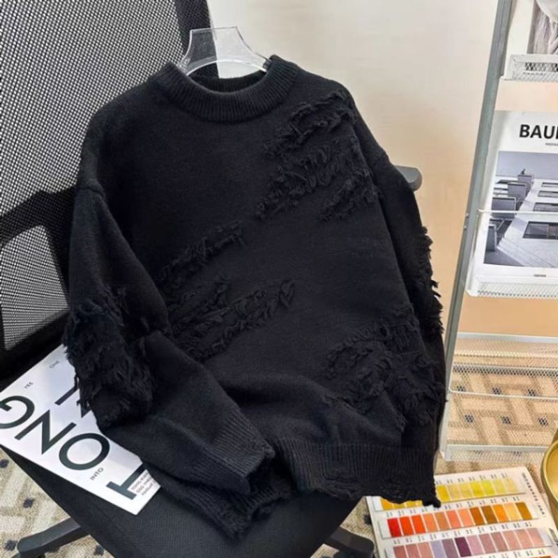 ​Men's Distressed Knit Sweater - Vintage Boho Style Oversized Crewneck Pullover With Fringe Details​_voghion.com