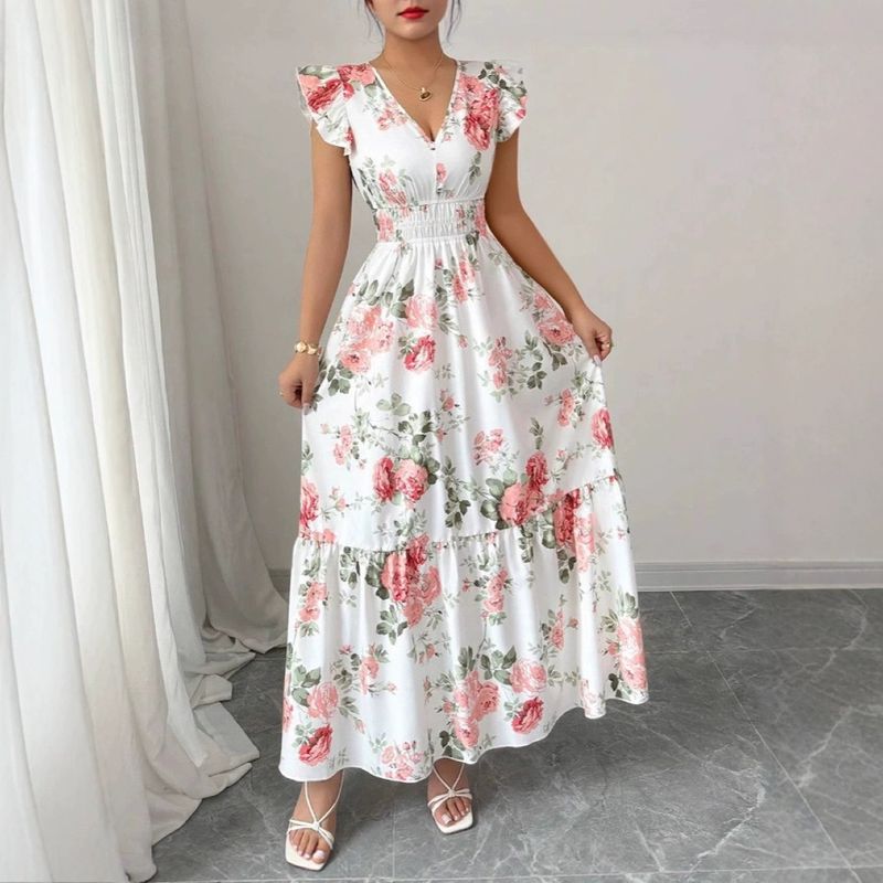 Neues Damenmode-Kleid mit elegantem Temperament und Blumendruck und Rüschenärmeln_voghion.com