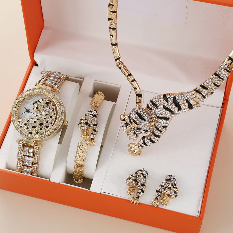 5 Stéck/Set Damen Auer Set Moudetrend Leopardkapp Stolarmband Quartz Auer Kaddosset_voghion.com