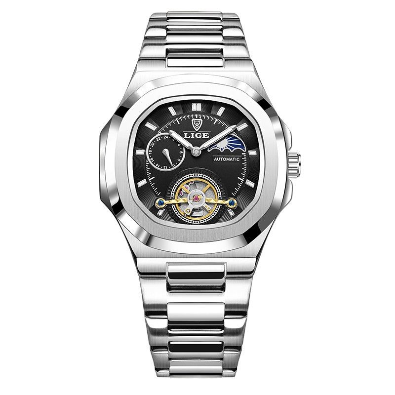 Nuovo orologio da uomo di alta bellezza completamente automatico meccanico con tourbillon e fase lunare, luce notturna_voghion.com