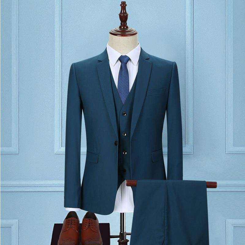 CT Automne Hiver Hommes Ensemble Style Coréen Slim Fit Trois Pièces Bleu Marine Marié Mariage Costume Affaires Décontracté_voghion.com