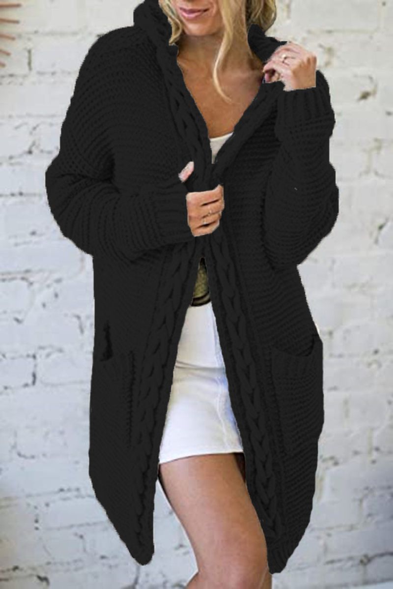 Abbigliamento da donna maglione lavorato a maglia cardigan con cappuccio giacca maglione cardigan tasca twist colore a contrasto_voghion.com