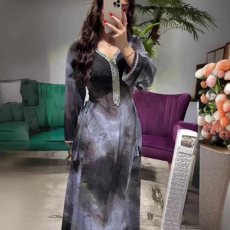 Women's Clothing Fashion Print Slim V Neck Elegant Long High Waist Dress_voghion.com