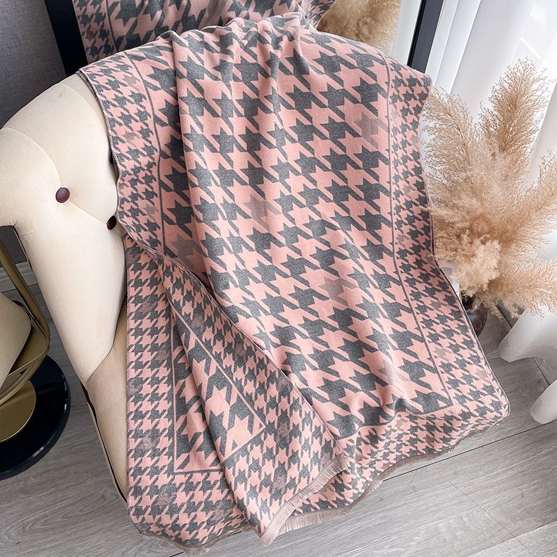 2024 Nuova sciarpa in cashmere a doppia faccia con stampa a griglia Thousand Bird, colore a contrasto, autunno, inverno, lusso_voghion.com