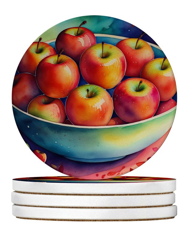 Colorful Apples Large Sandstone Coasters Pack Of 4 Absorbent Round Coasters Decor Gifts For Men Or Women, 4 In, Multicolor_voghion.com