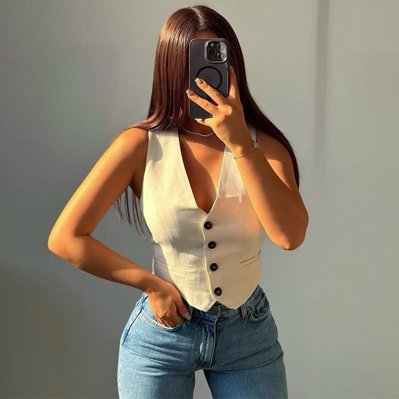 Women's Clothing Spring And Summer New Solid Color V-neck Slim-fit Breasted Sleeveless Suit Vest Top_voghion.com