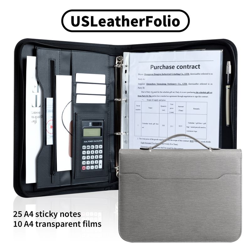 A4 leather business folder with calculator folder four hole binder multi function portable zipper manager folder_voghion.com