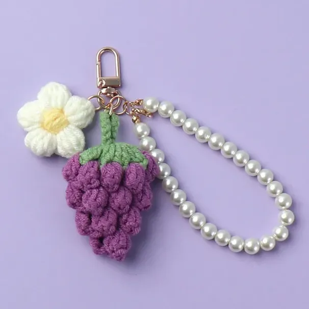 Portachiavi alla moda, nuovo, in lana, a forma di uva, fatto a mano all'uncinetto, con ciondolo rifinito, per borsa da donna._voghion.com