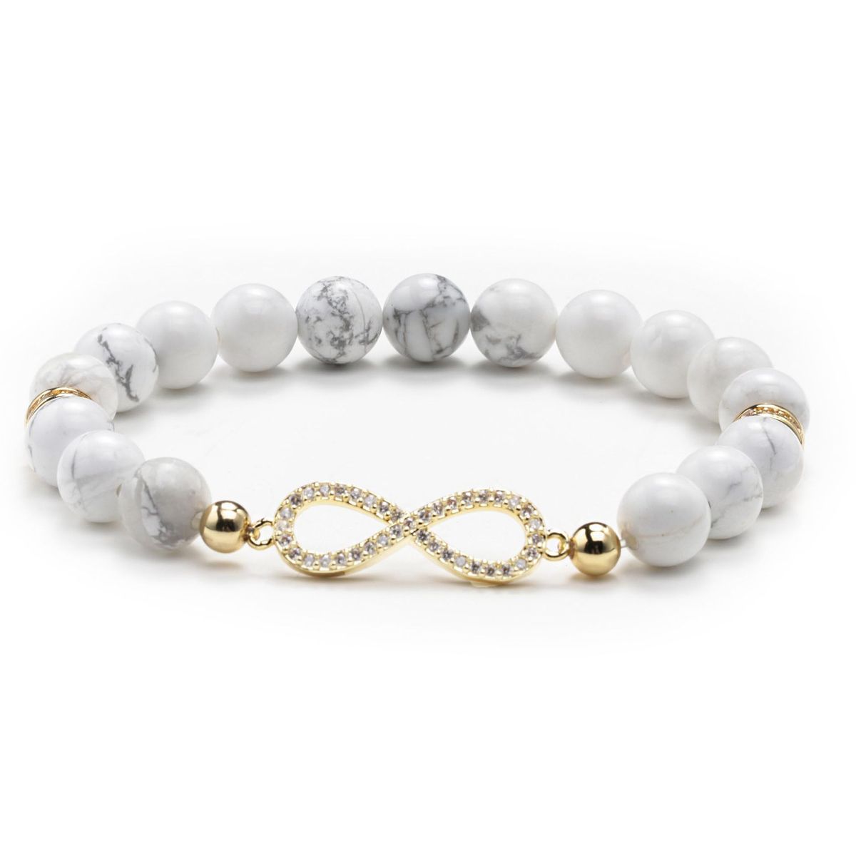 Damenschmuck Amethyst Stretch-Armband Elastischer Perlenschmuck mit weißen türkisfarbenen Zirkonia-Silber-Abstandshalterperlen Unendlichkeitssymbol-Design_voghion.com