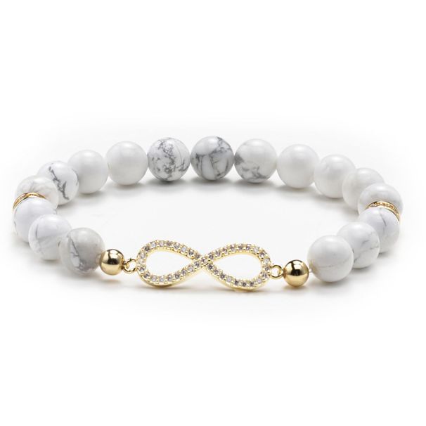 Damenschmuck Amethyst Stretch-Armband Elastischer Perlenschmuck mit weißen türkisfarbenen Zirkonia-Silber-Abstandshalterperlen Unendlichkeitssymbol-Design_voghion.com