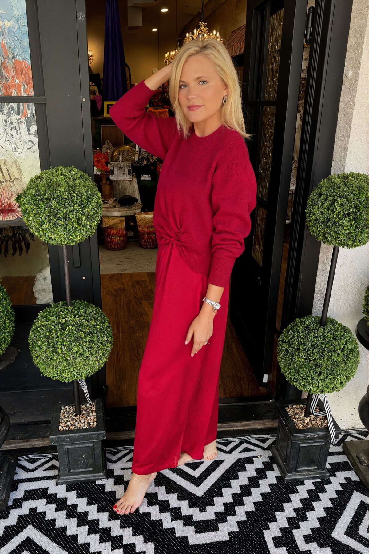 Completo da donna composto da due pezzi, maglione oversize e abito – Completo da casa in maglia a maniche lunghe (verde/grigio/nero/beige/rosso, S-XL)_voghion.com