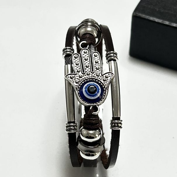 New Leather Men's Gift Jewelry Coffee Color Simple Multi-layer Hidden Clasp Alloy Tag Bracelet_voghion.com