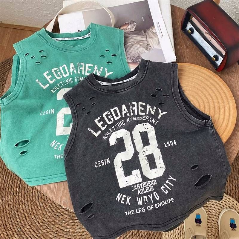 Kid's Clothing 2024 summer style fried color children's pure cotton vest hole washed and distressed baby pure cotton top sleeveless T-shirt_voghion.com