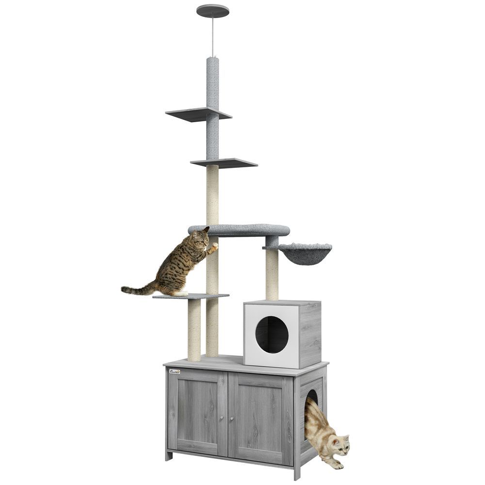 PawHut Cat Tree With Litter Box Enclosure, 2 In 1 Floor To Ceiling Cat Tower Litter Box Furniture With Condo, Bed, Hammock, Scratching Posts, And Pl_voghion.com
