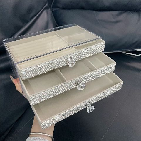 Luxe fluwelen sieraden organizer box – met diamanten accenten versierde opbergruimte met meerdere lades voor oorbellen, kettingen en ringen (elegante bureau-vitrine)_voghion.com