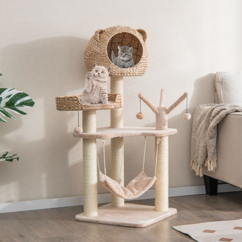 Multi-Level Cat Tree With Condo Hammock And Rotatable Hanging Balls_voghion.com
