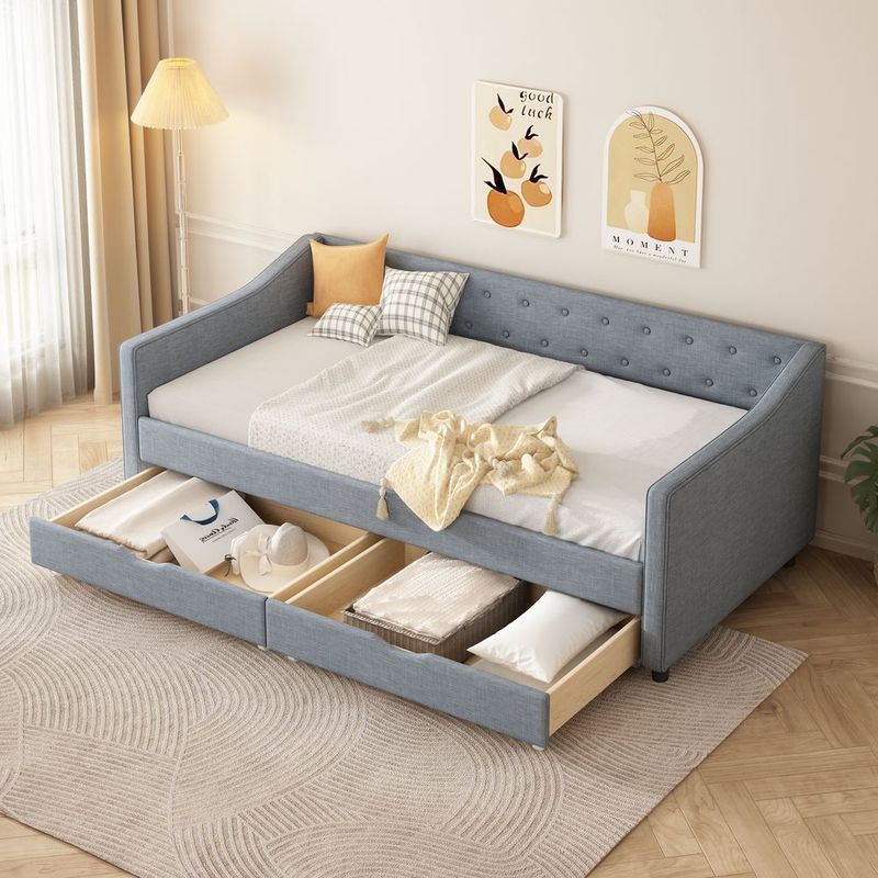 Twin Size Daybed With Drawers Upholstered Tufted Sofa Bed, With Button On Back And Piping On Waved Shape Arms-Light Grey_voghion.com