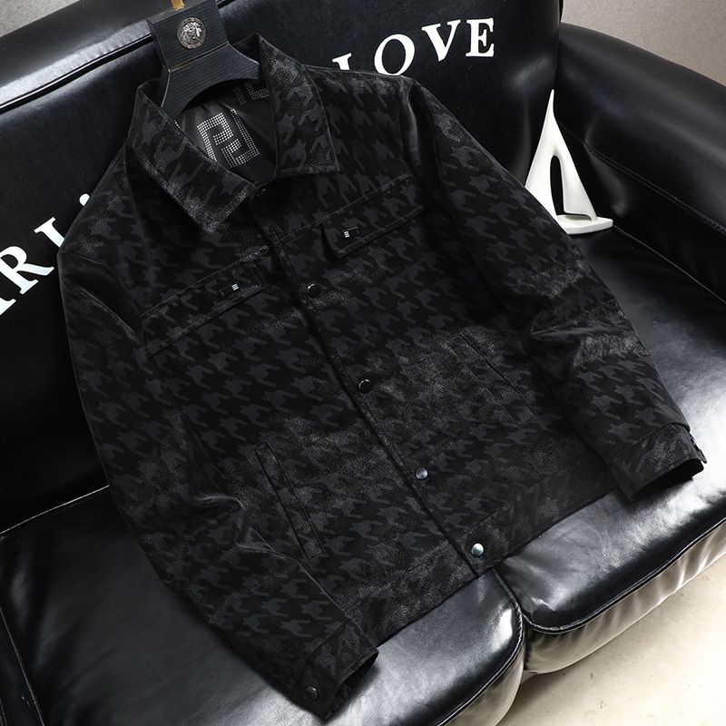 Men's Clothing Lapel Plaid Leather Jacket Spring And Autumn Slim Handsome Thin Casual Leather Jacket_voghion.com