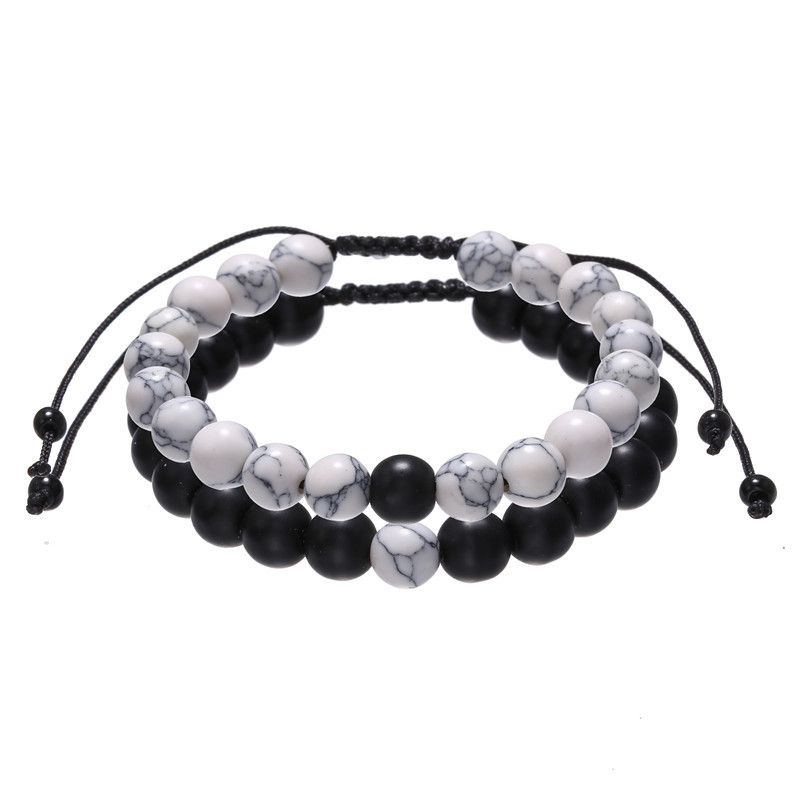 Fashion Retro Black Matte White Turquoise Braided Buddha Beads Set Bracelet Men's Adjustable Couple Bracelet_voghion.com