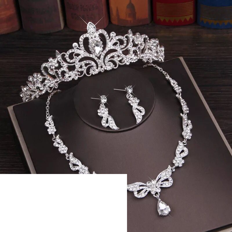New bridal crown tiara three-piece set accessories wedding dress rhinestone tiara necklace super fairy hair jewelry wholesale_voghion.com