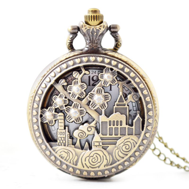 Antique brass medium pocket watch rustic style skeleton quartz pocket watch for men and women quartz pocket watch_voghion.com