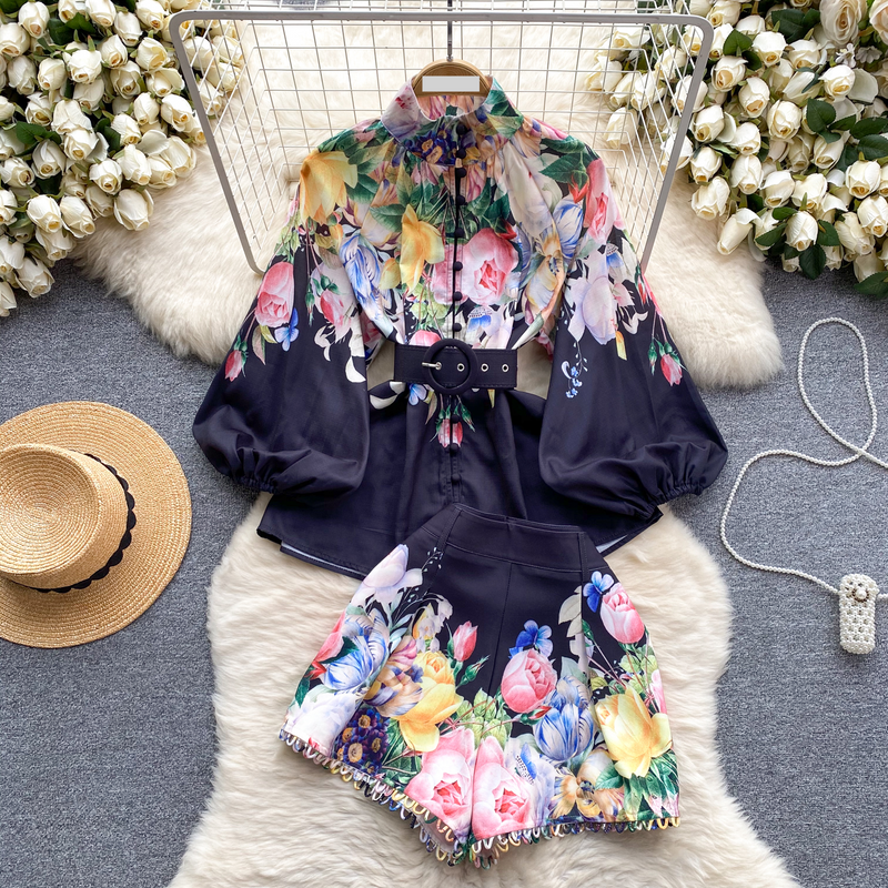 Women's Clothing suit spring women's design sense printed stand collar shirt versatile wide leg shorts fashionable two-piece suit_voghion.com