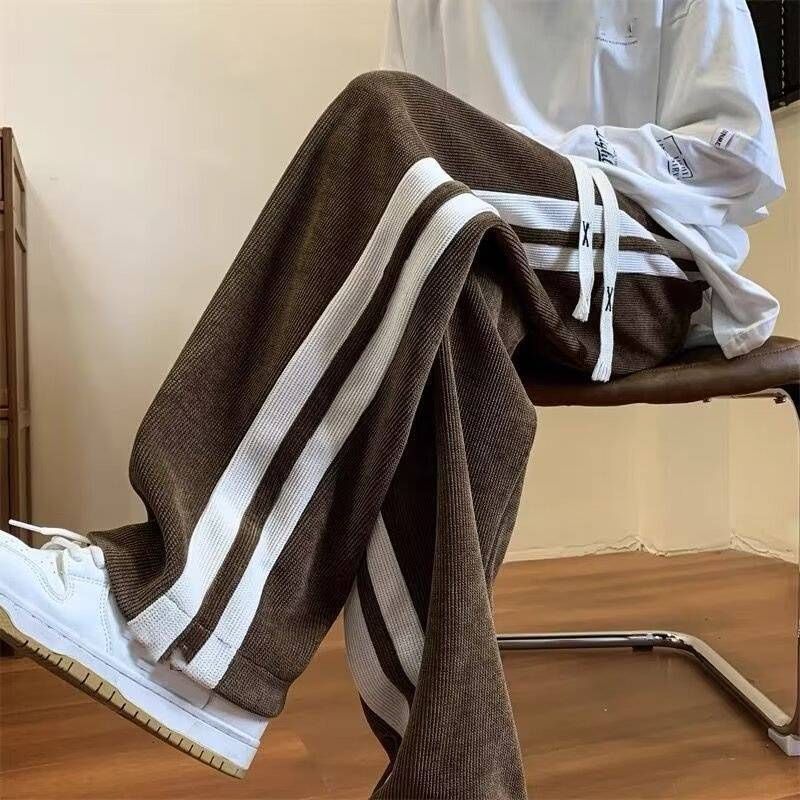 Herretøj Sidestribede bukser Herre Casual Sommerbukser med Drapering Trendy Løse Sportsbukser med Lige Hætte_voghion.com