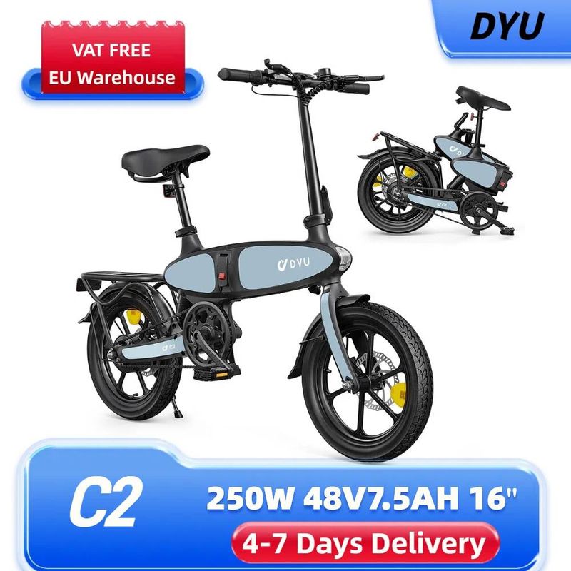 Bicicletă electrică DYU C2, bicicletă electrică pliabilă C2 de 16 inchi, motor de 250 W, baterie 48 V 7,5 Ah_voghion.com