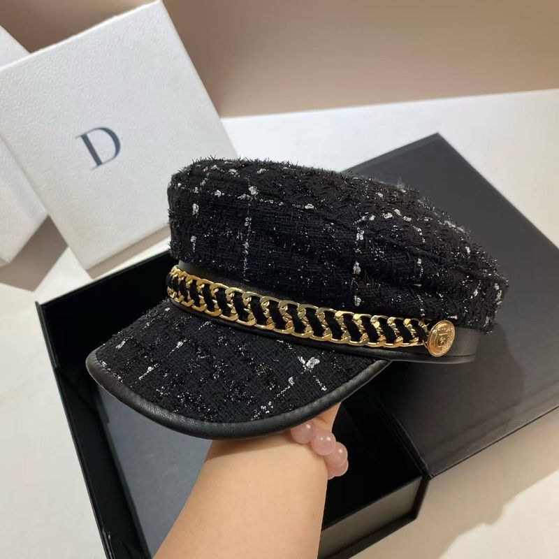 metal Chain Navy Autumn And Winter Shiny Silk Thick Woolen Versatile Black Newsboy Hat Fashionable Unisex_voghion.com