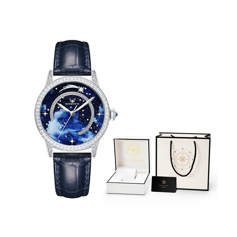 ROERDUM Infinite Universe Series - Summer Starry Sky, Mechanical Movement, Leather Strap, Blue Dial, Casual Versatile Women's Watch_voghion.com
