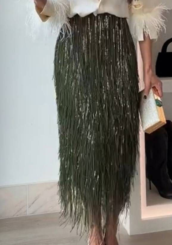 Sequin Fringe Skirt Set – Long Sleeve Party Outfit With Metallic Thread Detailing (4 Colors) | Instagram-Worthy Two-Piece​_voghion.com