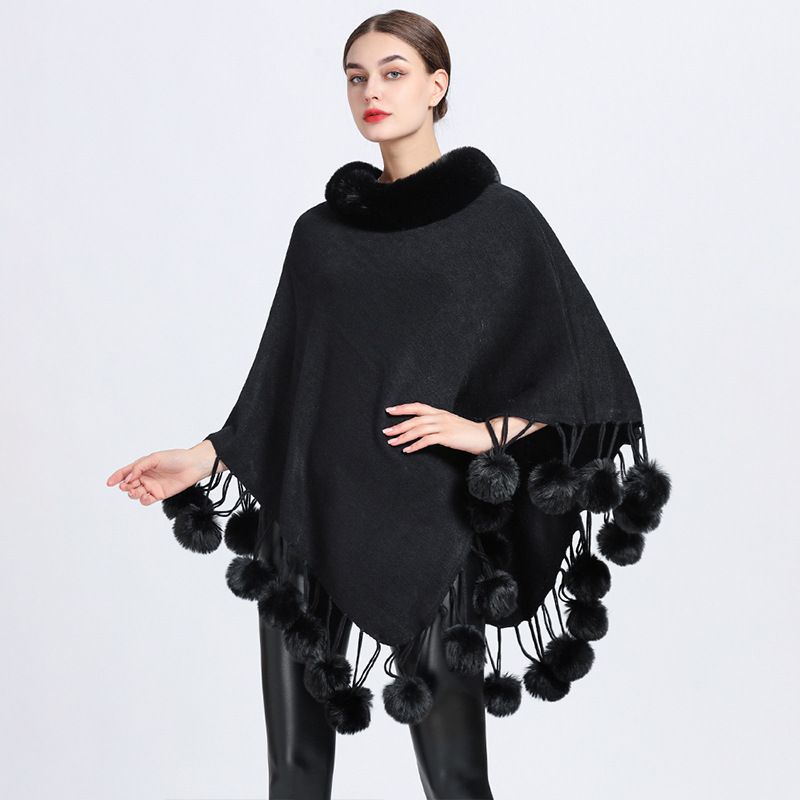 Fur collar shawl cape hairball pullover knitted shawl coat woman_voghion.com
