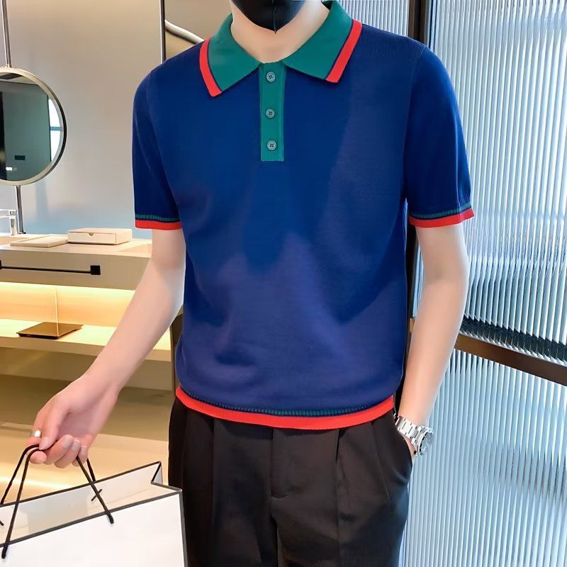 Men's Clothing light luxury fashion short sleeved T shirt men's summer fashion youth high end color matching striped lapel knitted Polo shirt_voghion.com
