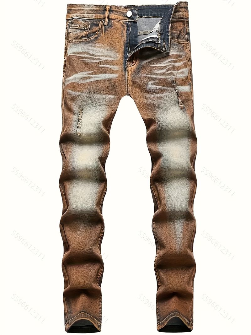 Zerrissene Jeanshose mit mittlerer Taille für Herren_voghion.com