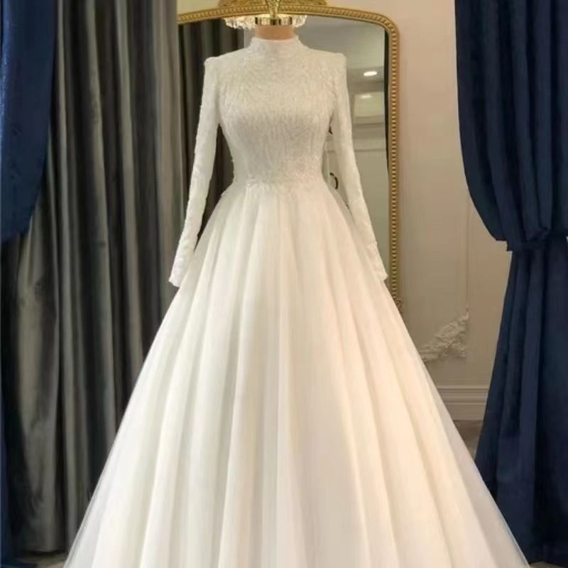 Women's Clothing Long Sleeved High End Wedding Dress New White Simple Temperament Light Luxury Hepburn Bride Wedding Reception Dress Female Skirt_voghion.com