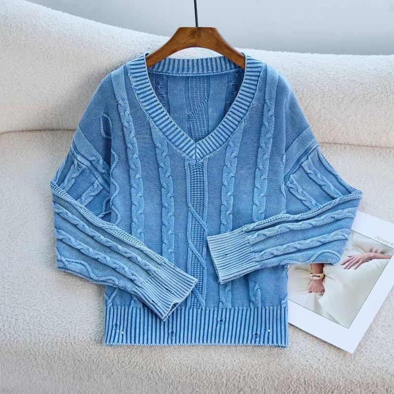 Maglione lavorato a maglia vintage con scollo a V e maniche lunghe, vecchio maglione strappato per donna_voghion.com