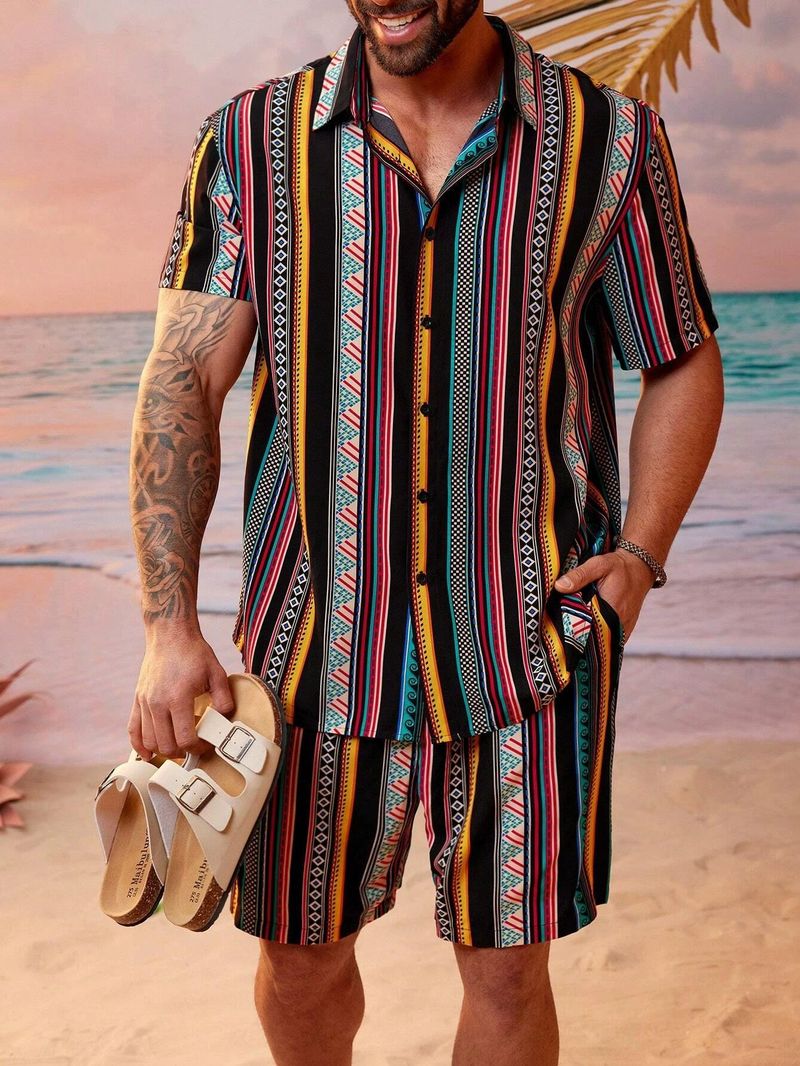 Ensemble de vêtements d'été pour hommes, chemise hawaïenne à rayures, impression 3D, short à manches courtes, ensemble 2 pièces, bordure croisée_voghion.com