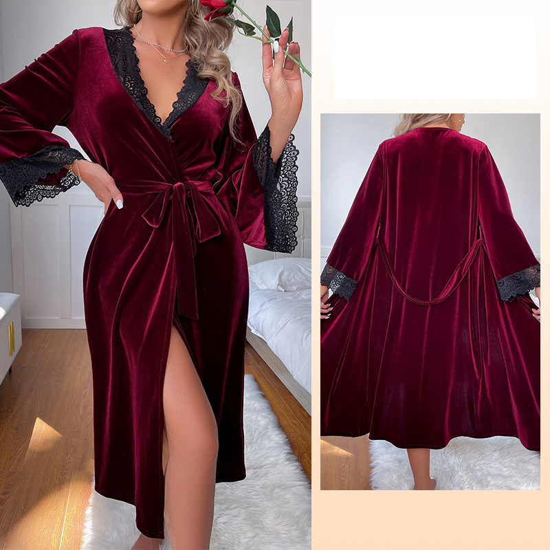 Pijamas femininos Roupão longo de veludo feminino Roupão sexy Mais vendido para uso doméstico_voghion.com