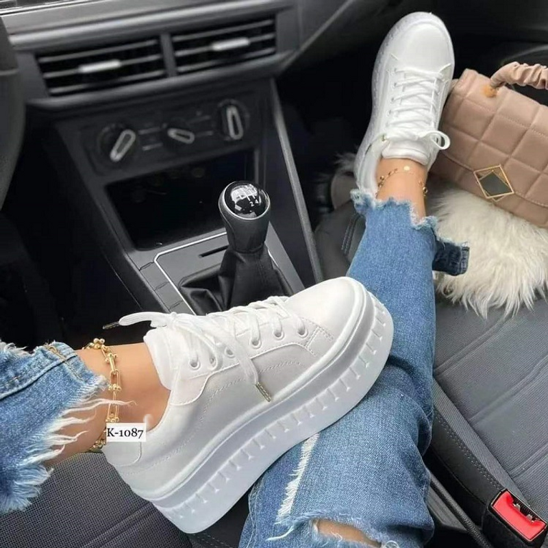 European And American Foreign Trade New Single Shoes Thick Sole Large Size Lace-up White Shoes Women's Platform Sole Sports Style Solid Color_voghion.com