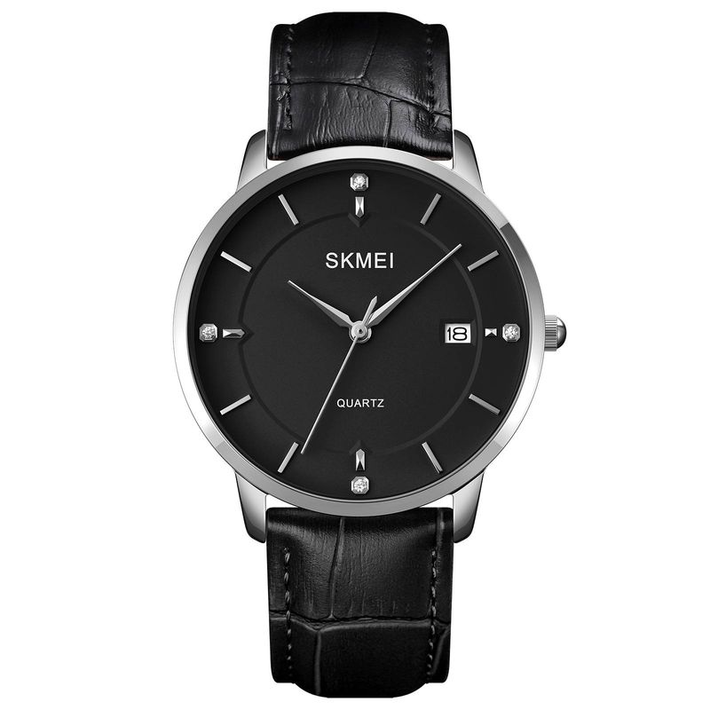 ‌SKMEI 1801 Men's Quartz Watch‌: Elegant Leather Strap Water Resistant Silver Case & Black Dial Date Display_voghion.com