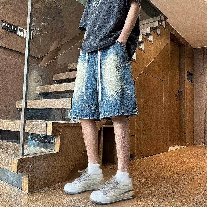 Short en jean ample et décontracté pour homme - Style Harajuku - Jean mi-long pour streetwear et mode urbaine (bleu foncé, bleu clair)_voghion.com