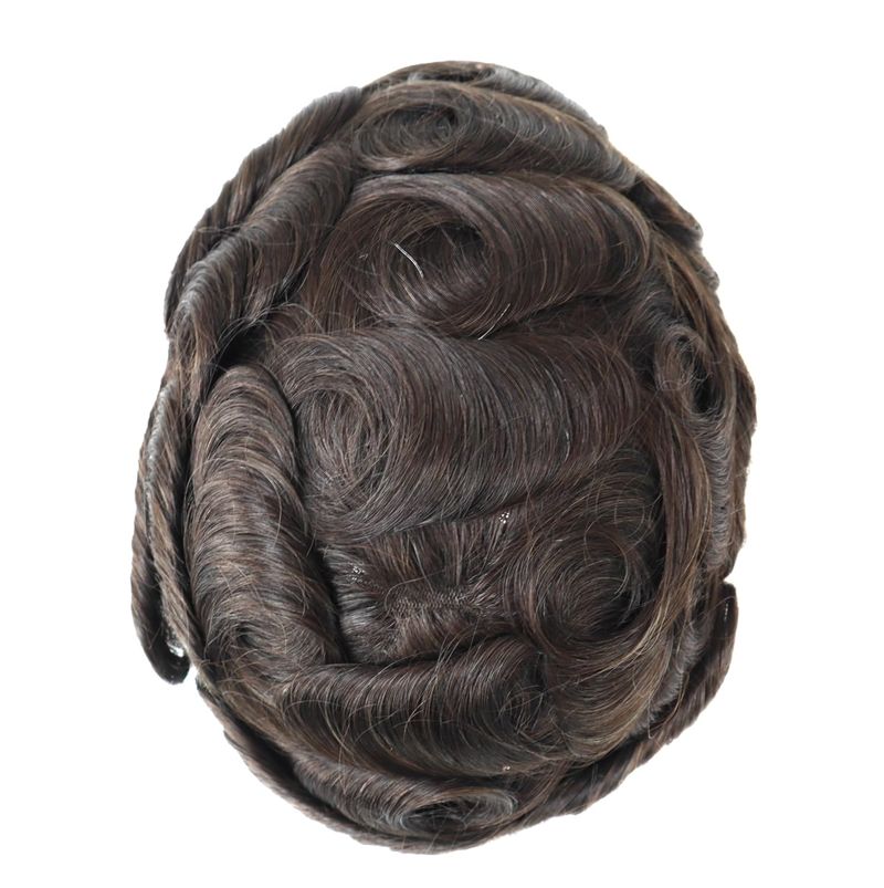 Q6 Toupee For Men 100% Human Hair Pieces I French Lace Front Poly Skin Bleached Hair Replacement System Men Wigs Darkest Brown Color #2_voghion.com