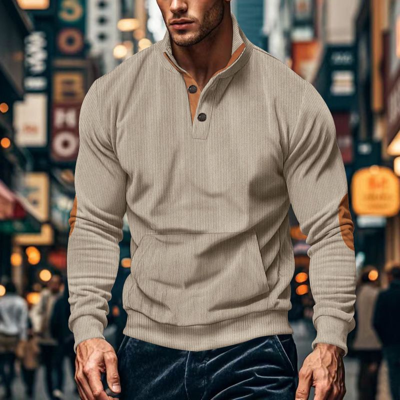 Men's Autumn And Winter Corduroy Casual Stand-Up Collar Long-Sleeved Pocket Hoodie_voghion.com