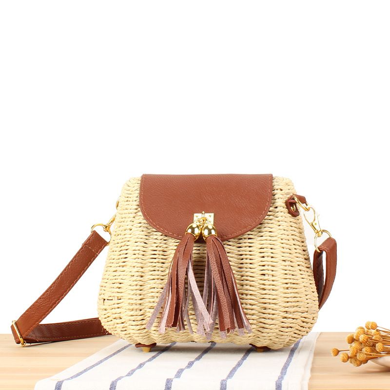 Damentaschen Einteilige neue Rattantasche Kleine frische Umhängetasche aus Papierseil Gewebte Tasche Strandurlaub Freizeit Einzelne gewebte Tasche_voghion.com