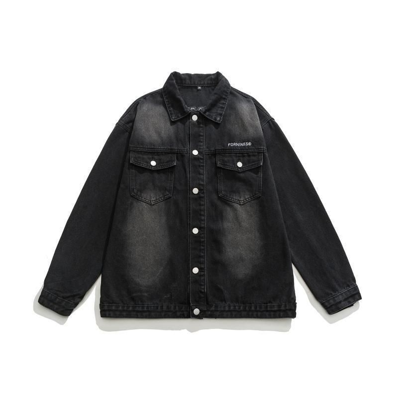 Giacca da uomo in denim vintage lavato High Street, adatta a tutte le stagioni, primavera/autunno, alla moda, versatile, dal design ampio, da coppia._voghion.com