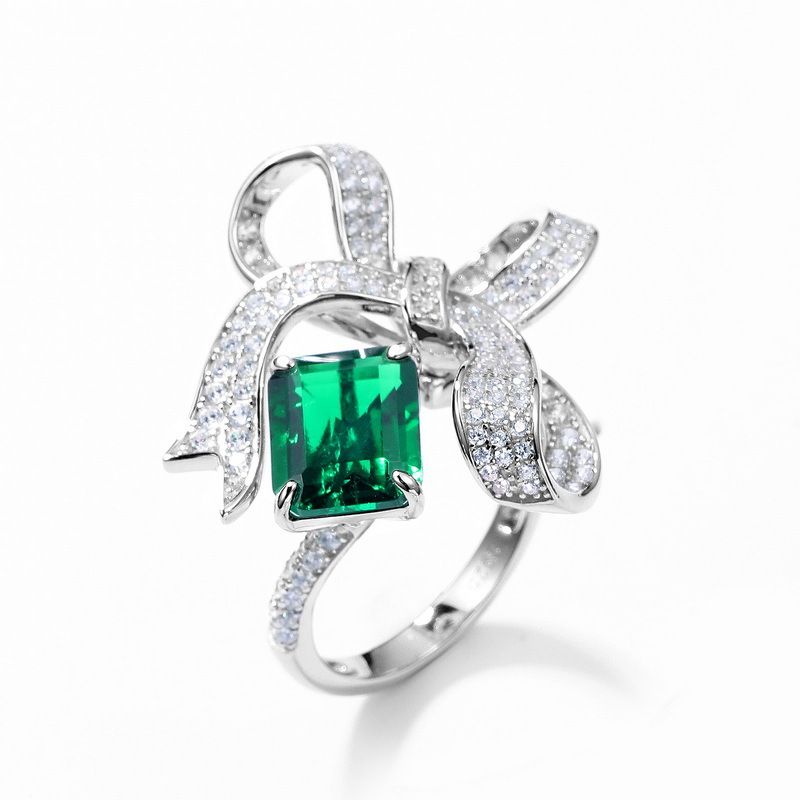 Anello in argento S925 con smeraldo coltivato, stile fiocco da donna, gioielli di alta qualità_voghion.com
