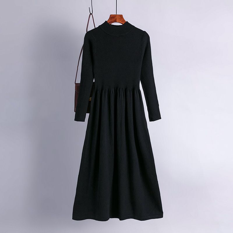Damenbekleidung Herbst und Winter, halbhoher Kragen, großes Pendel, langes Strickkleid, Taillenabnahme, lange Ärmel, einfacher Temperament-Pullover_voghion.com
